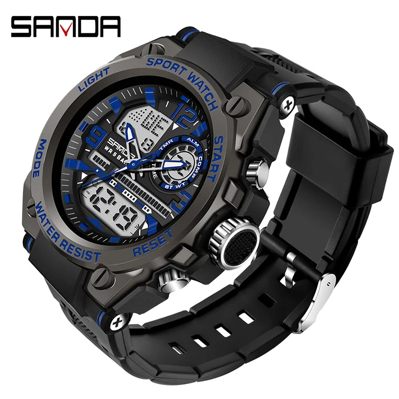 SANDA Men Sports Quartz Watches Dual Display LED Electronic Digital Wristwatches Waterproof Military Watch Relogios Masculino